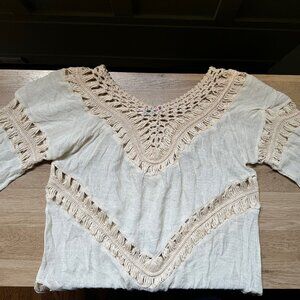Cream Boho Crochet Beach Cover Up Blouse (V-neck)